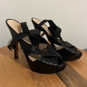 Prada Black Leather Cross Strap Heels